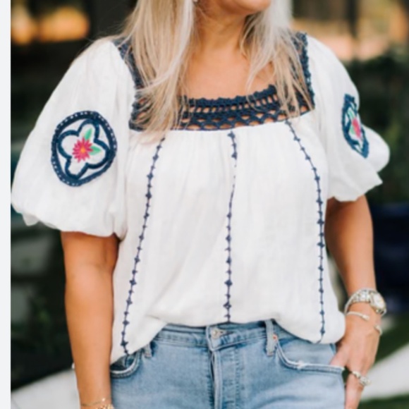 Cleobella Tops - Cleobella Navy Crockett White Organic Cotton Blouse Top L